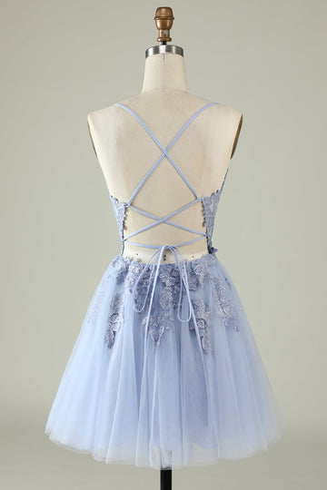 A Line Spaghetti Straps Light Purple Short Cocktail Dress with Appliques